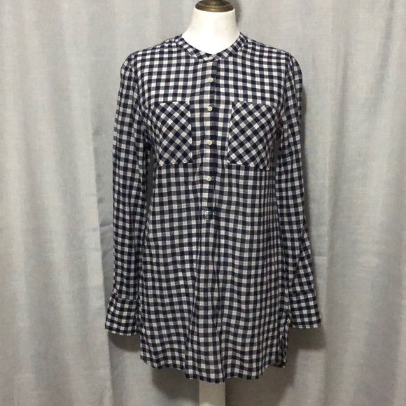 Meron Tunic Top-Sz M-Navy/White Mini Check/Plaid-Cotton-Round Neck-No Collar - Picture 2 of 15